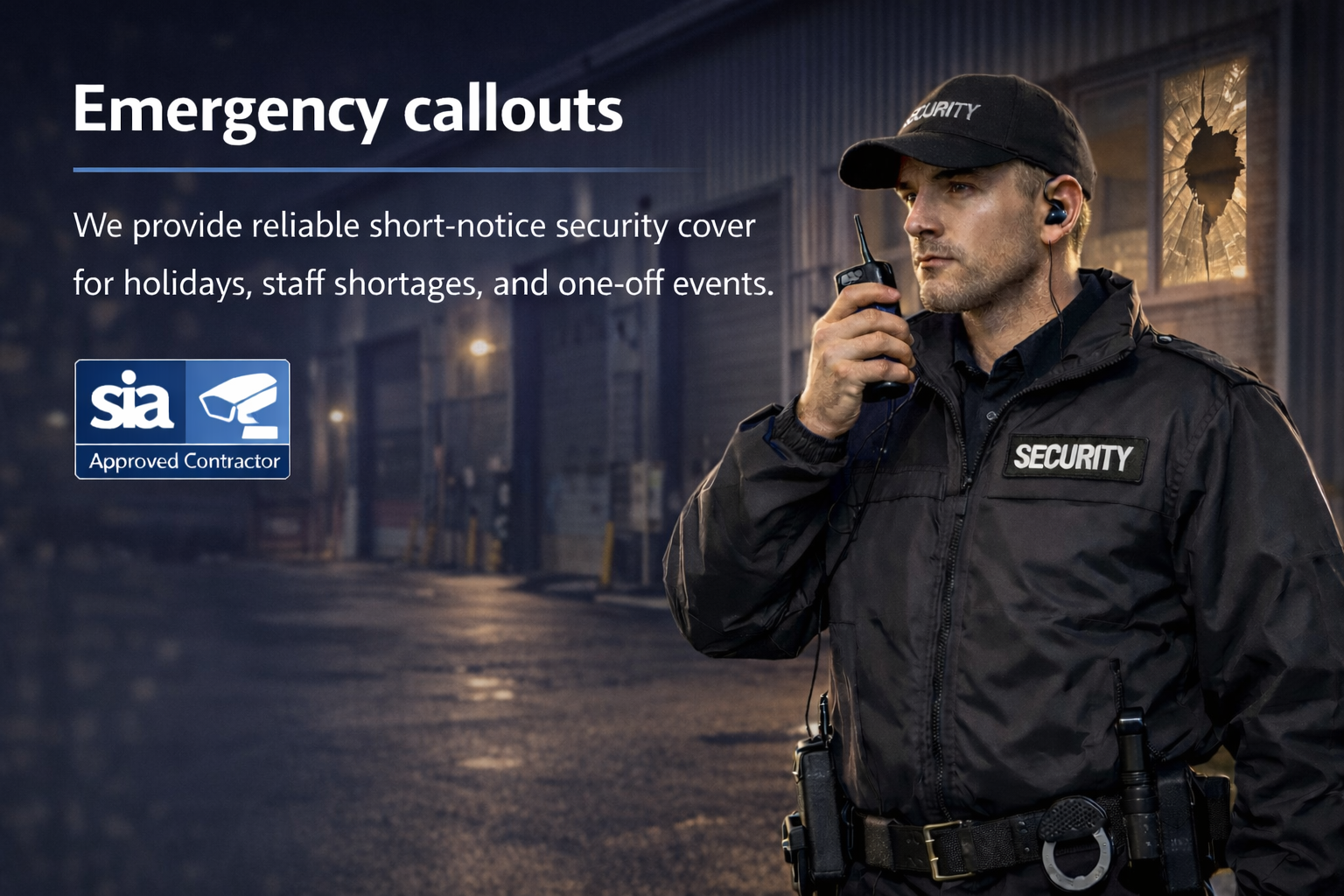 A security guard using walkie-talkie outside at night, wearing a uniform with a security patch, in front of an industrial building with broken window.