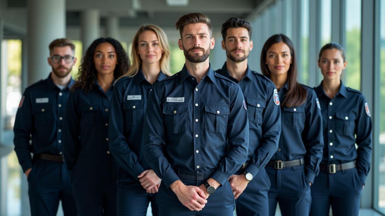 Group of six uniformed first responders standing indoors with windows in the background.