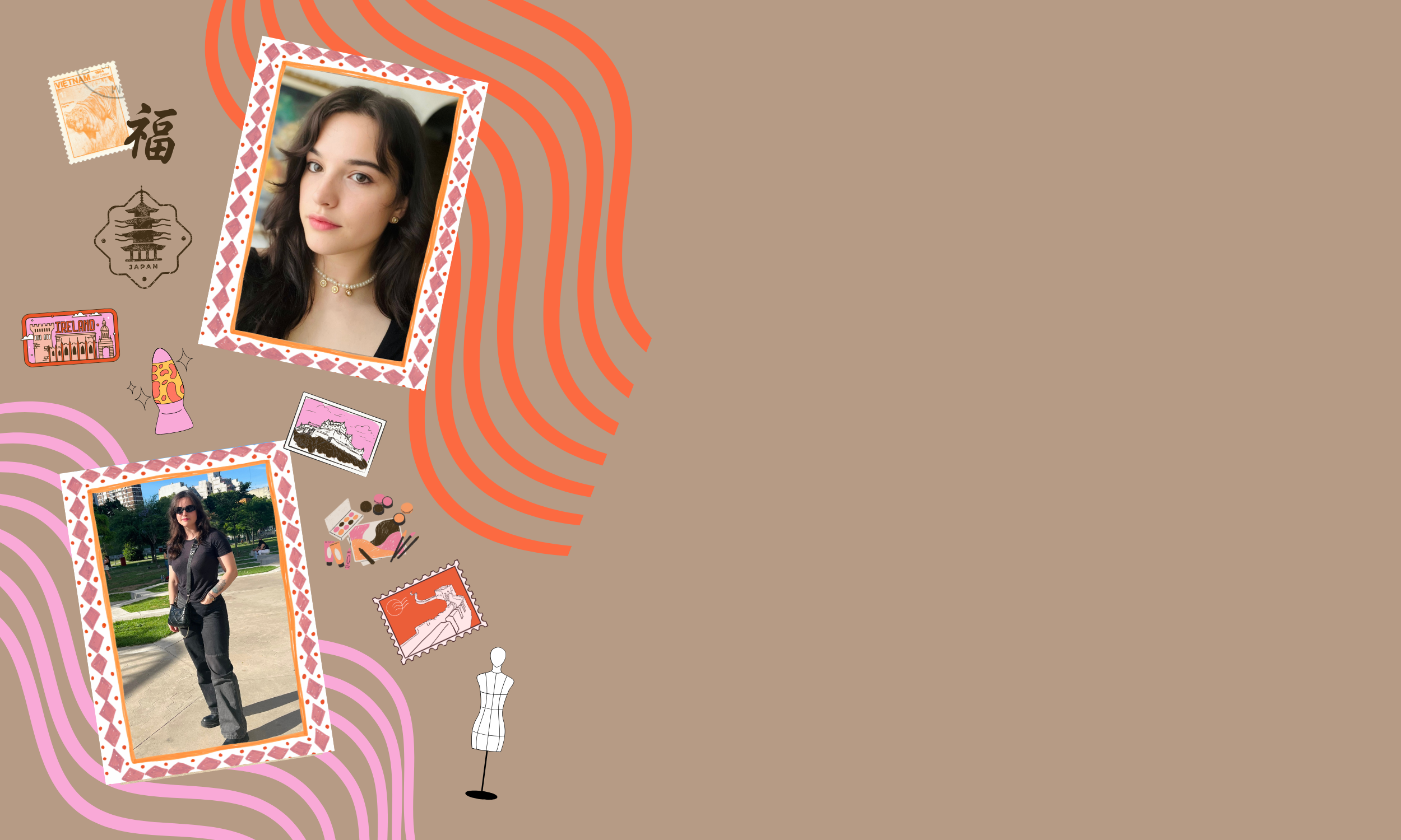 A digital collage with two photographs of a woman, travel stickers, and illustrations of landmarks, makeup items, and a mannequin on a beige background with orange and pink wavy lines.