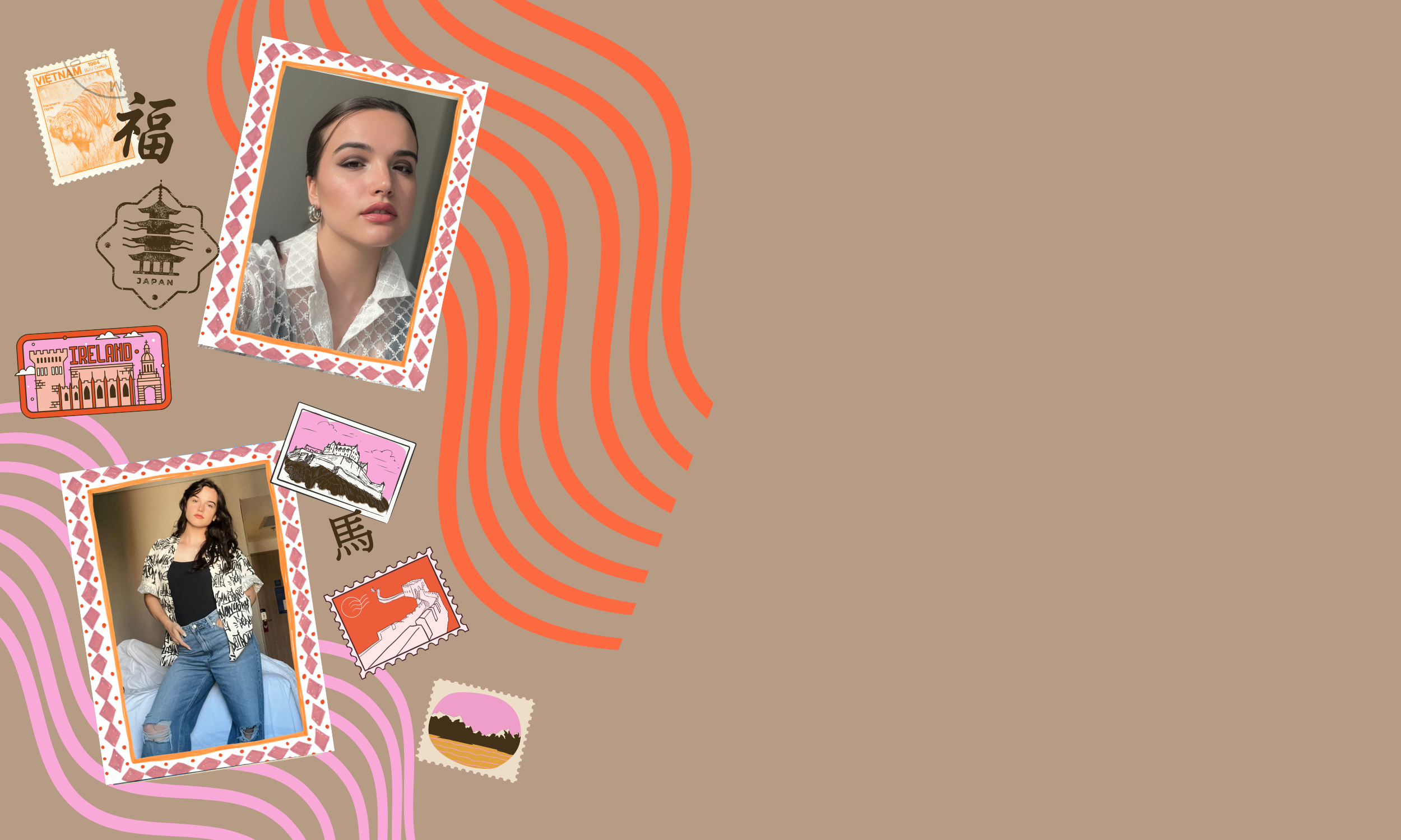 A scrapbook-style collage featuring two women in casual outfits, surrounded by travel-themed stickers including stamps from Vietnam, Ireland, Japan, and scenic illustrations. The background has flowing orange and pink lines on a beige surface.