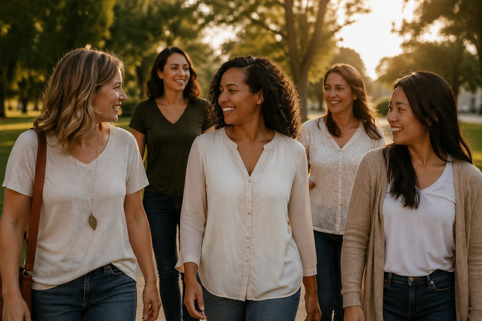 A group of five diverse women walking outdoors in a park during sunset, smiling and chatting.
