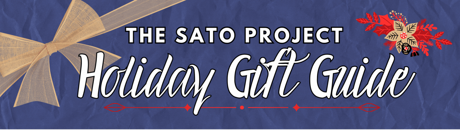 A holiday gift guide cover with a large beige bow and festive decoration of red and beige leaves, berries, and black ornaments on a blue background.