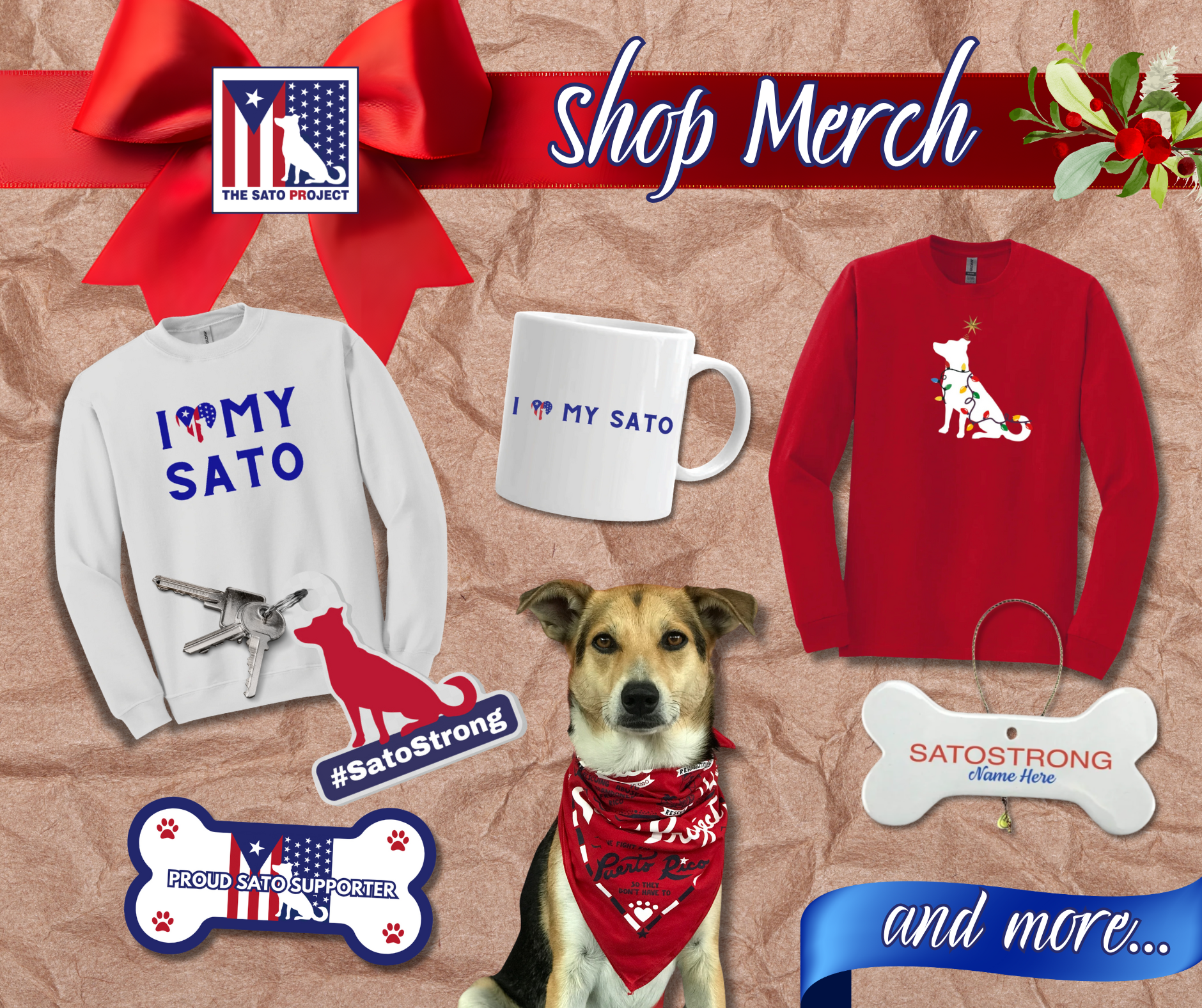 Collection of Sato Project merchandise including sweatshirts, a mug, dog accessories, and a dog wearing a bandana, supporting Sato Project.