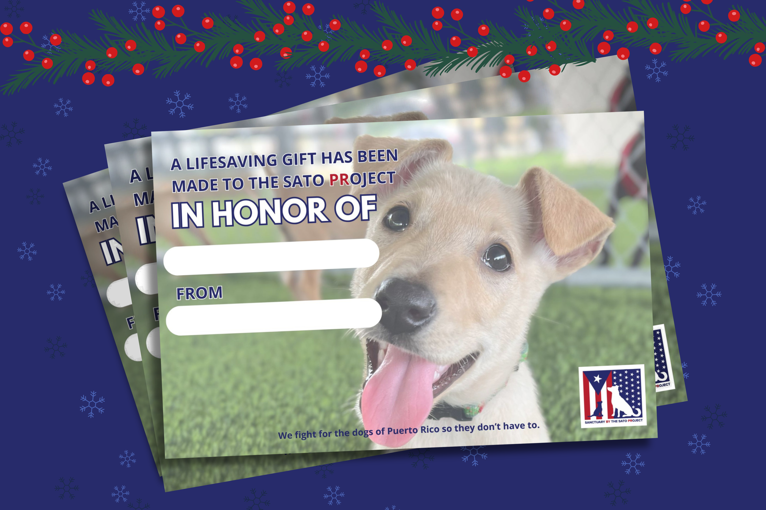Holiday-themed donation certificate featuring a photo of a puppy with tongue out, green grass background, with red holly berries and pine branches at the top, and a logo in the bottom right corner. Text indicates it's for the Sato Project to help dogs in Puerto Rico.