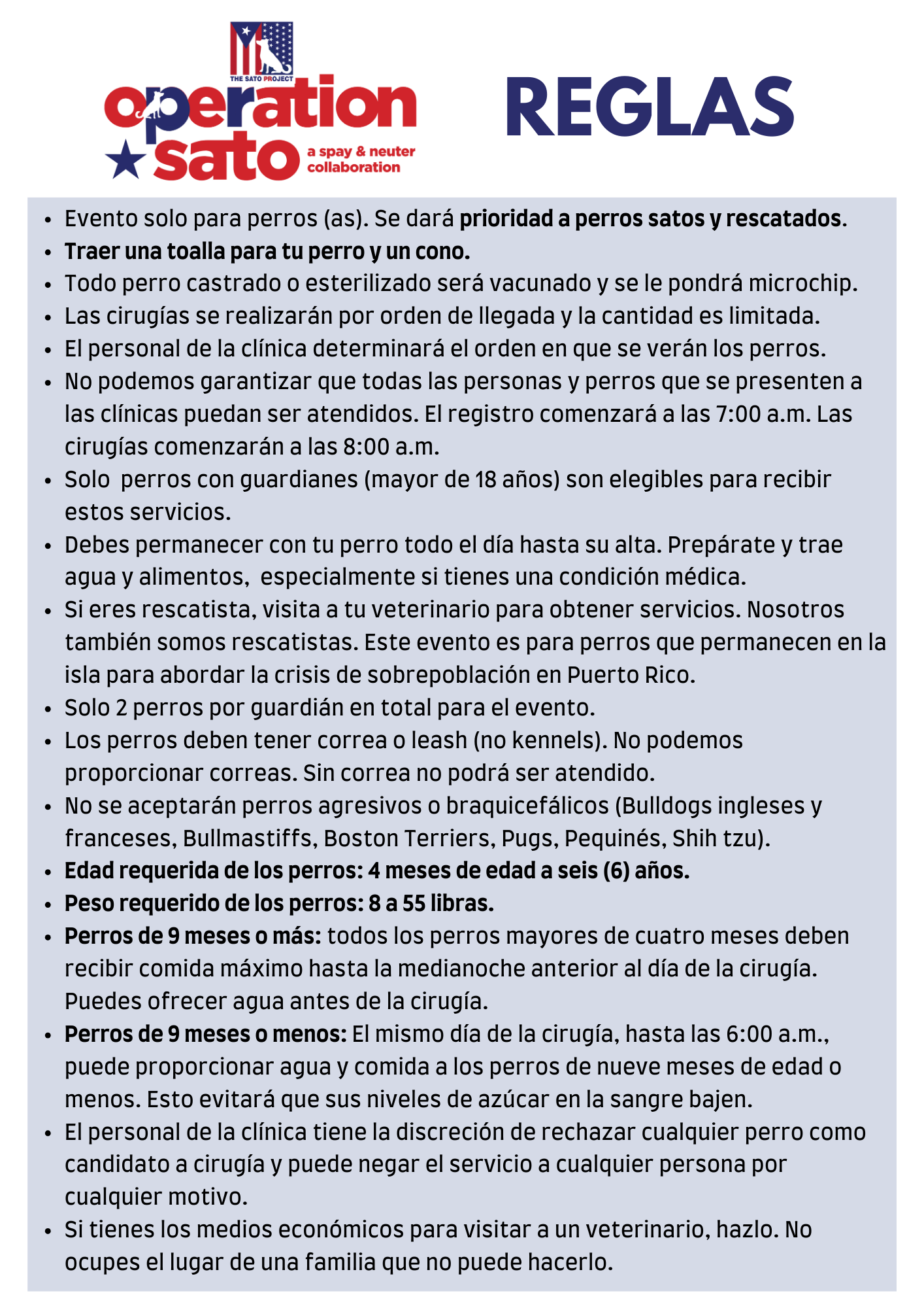 Information sheet titled "Reglas" for a dog rescue event. Contains guidelines in Spanish about participation, requirements, and restrictions for dog owners and dogs, including age, weight, behavior, and medical considerations.