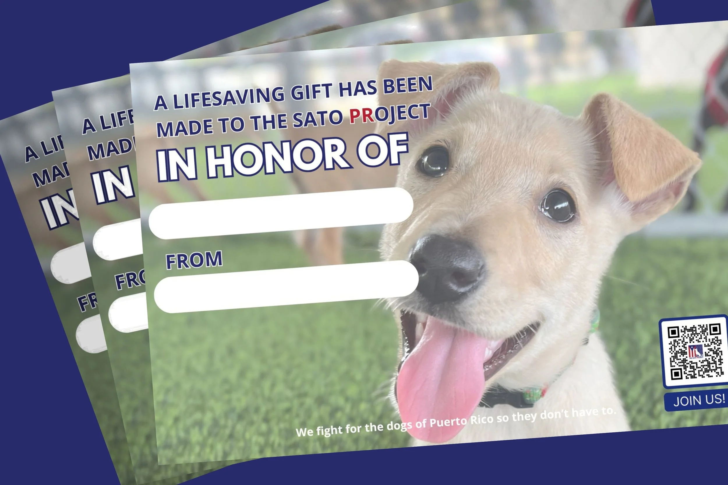Flyer featuring a happy puppy with its tongue out, promoting a project to fight for the dogs of Puerto Rico, with a QR code and a space to fill in "from" and "in honor of."