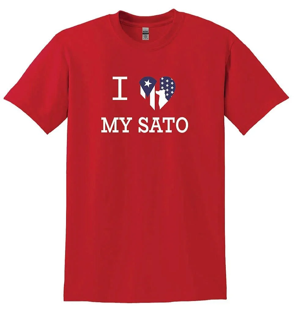Red T-shirt with the text "I [heart] MY SATO" and a heart-shaped graphic featuring the Puerto Rican flag.