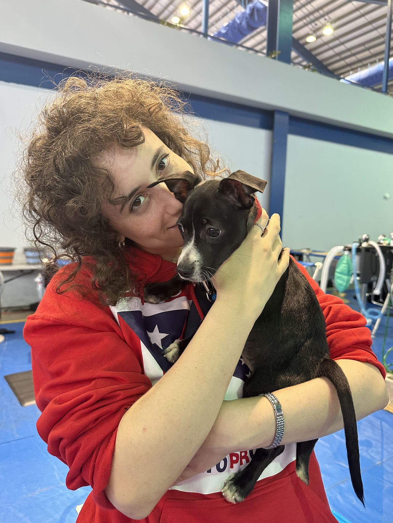 A woman with curly hair in a red and white shirt hugging a black and white puppy with large ears in an indoor space with a blue floor and equipment in the background.