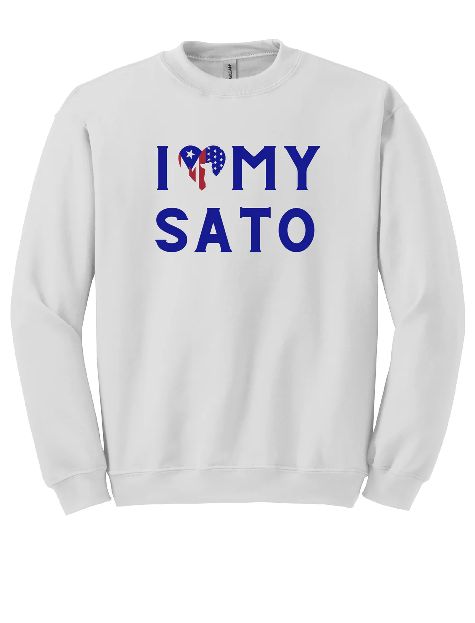 White sweatshirt with blue text saying 'I love my Sato,' with the word love replaced by a heart shaped like the Puerto Rican flag.