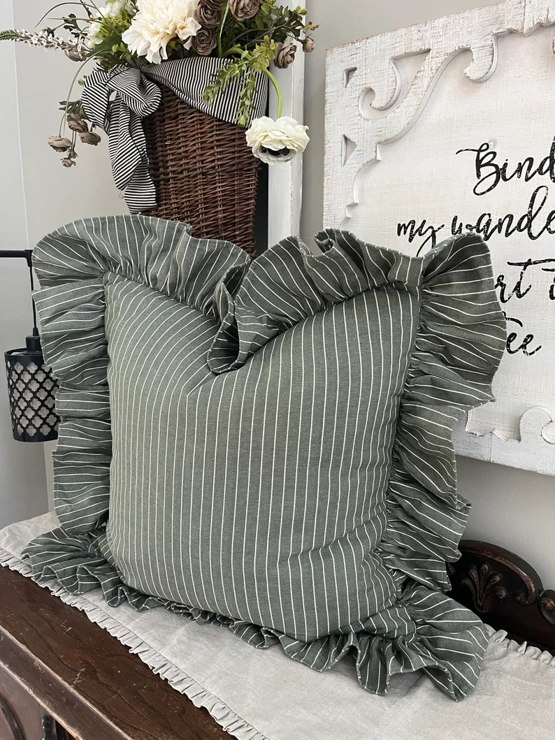 Sage green and white pinstripe with hemmed edge long ruffle 5.webp