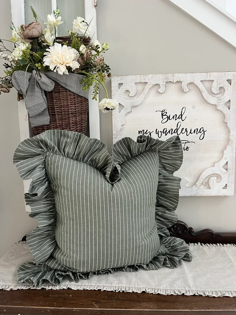 Sage green and white pinstripe with hemmed edge long ruffle 2.webp