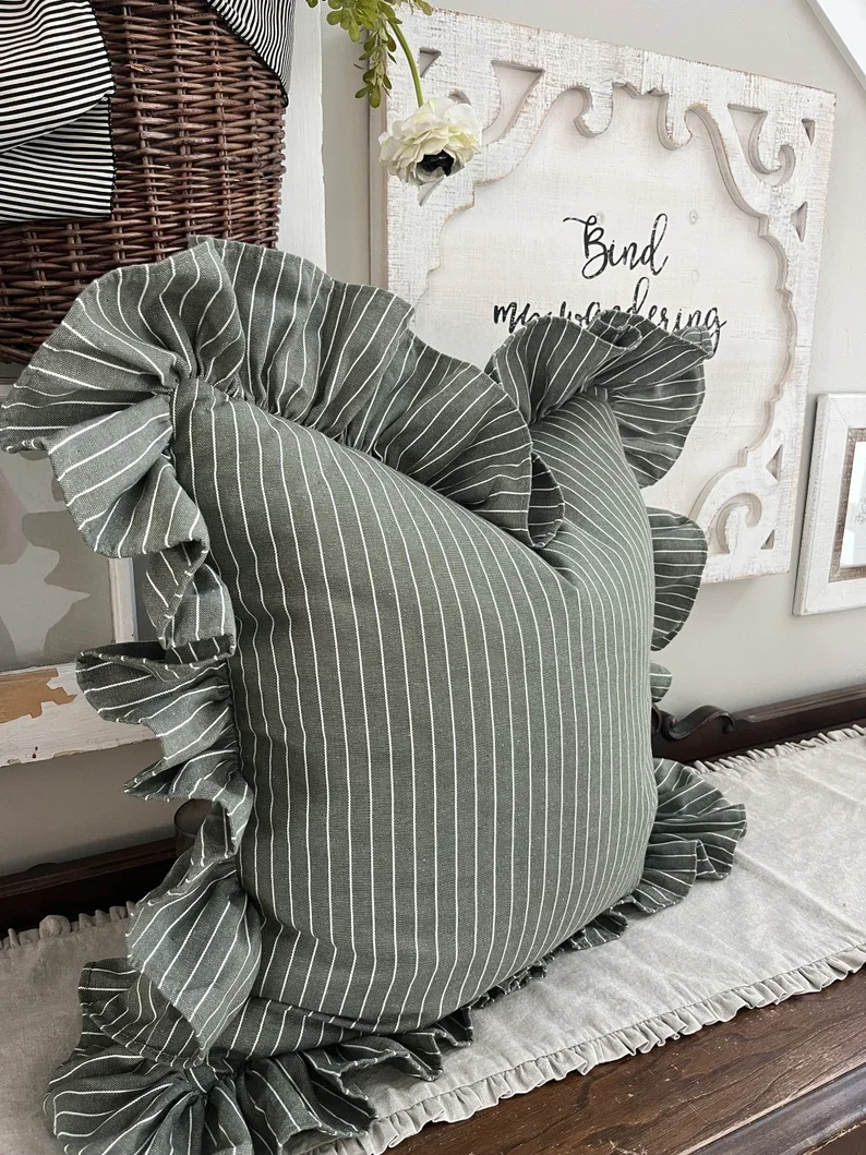 Sage green and white pinstripe with hemmed edge long ruffle 4.webp