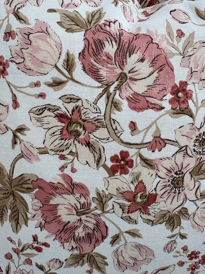 pink, brown, gold and green floral pillow cover with brown ticking stripe ruffle 3.webp