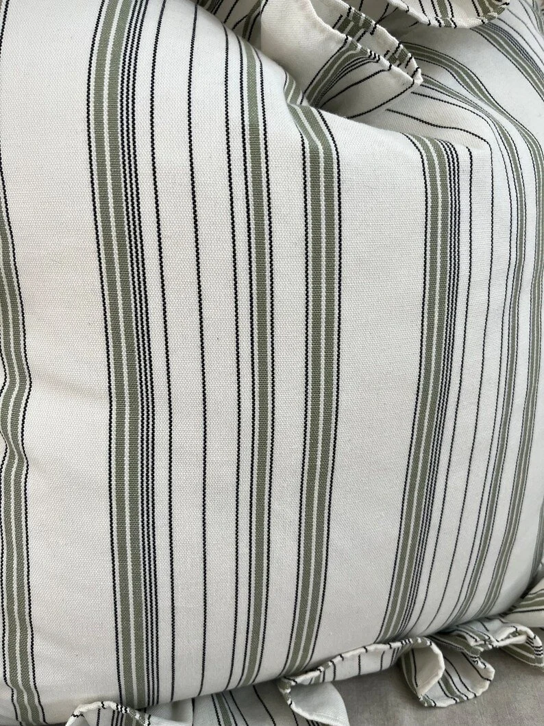 Sage white black stripe pillow cover with long hemmed edge ruffle 4.jpg