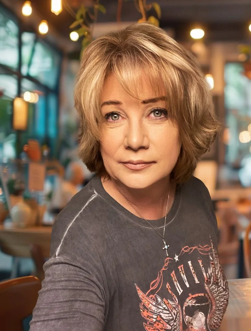 A middle-aged woman with short blonde hair taking a selfie in a restaurant or cafe, with warm lighting and blurred background.