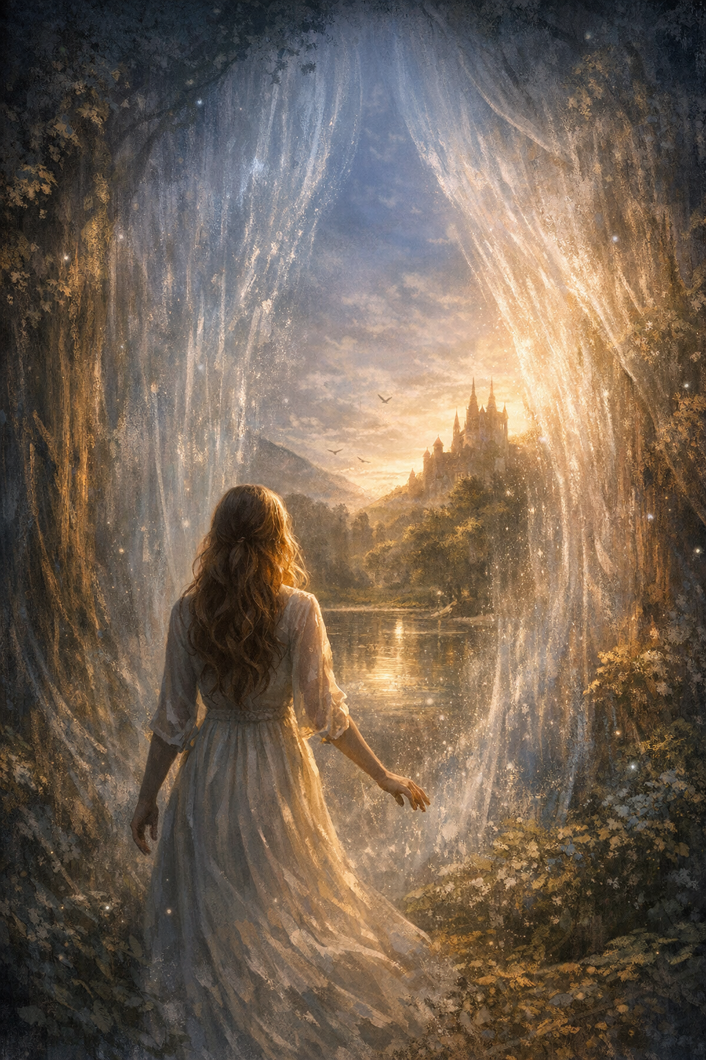 A woman in a flowing dress standing at the entrance of a mystical cave, looking towards a castle in the distance at sunset, with a river in the foreground.