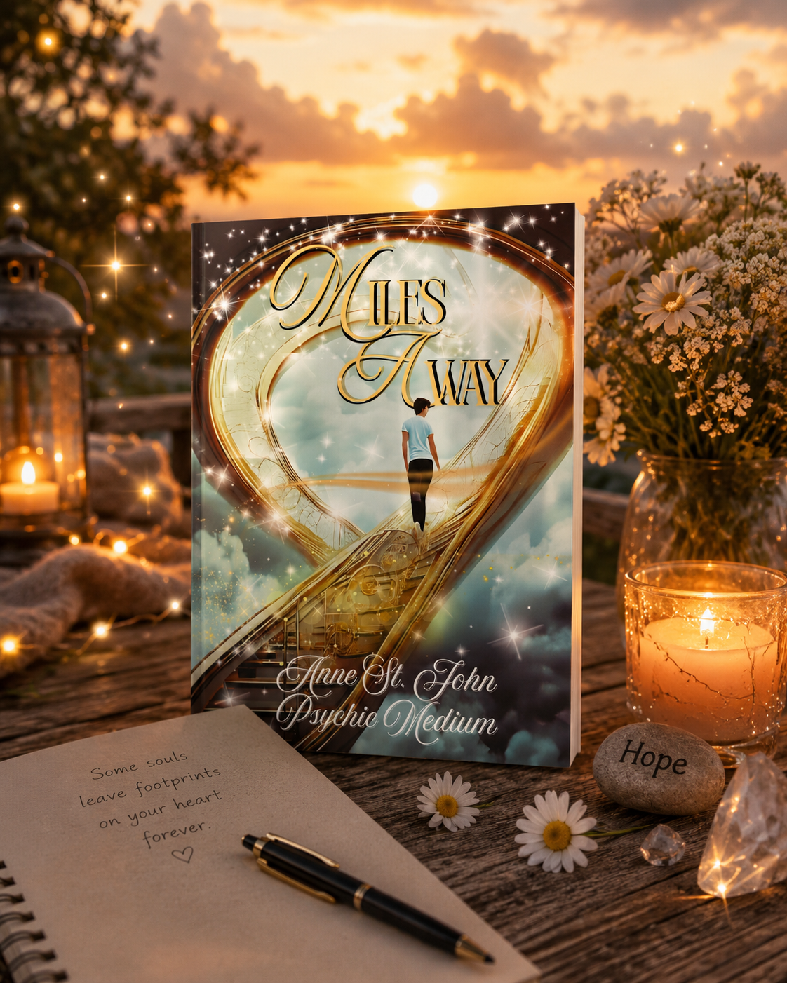 A book titled "Miles Away" by Anne St. John Psychic Medium standing upright on a wooden table outdoors at sunset, surrounded by candles, flowers, a rock with the word "Hope," and a handwritten note. The background shows a sunset with clouds and trees.