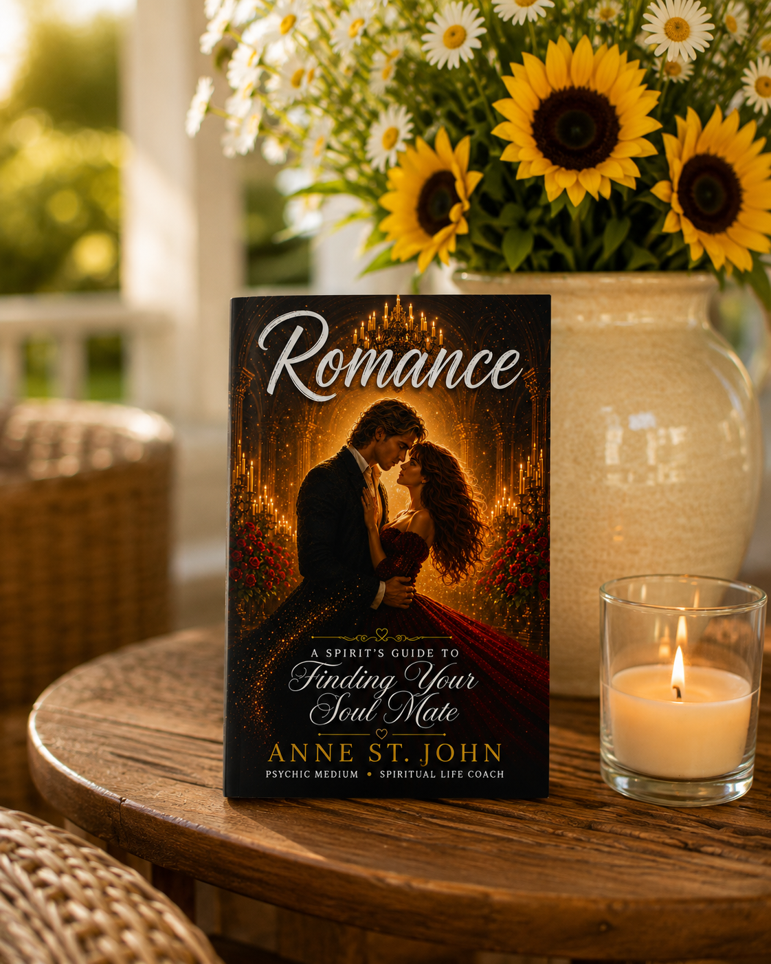 A book titled 'Romance: A Spirit's Guide to Finding Your Soul Mate' by Anne St. John is placed on a wooden table. Behind it, there is a large beige vase with a bouquet of yellow sunflowers and white daisies. A lit candle in a glass holder is also on the table, and the scene appears to be in a cozy, well-lit outdoor or porch setting.