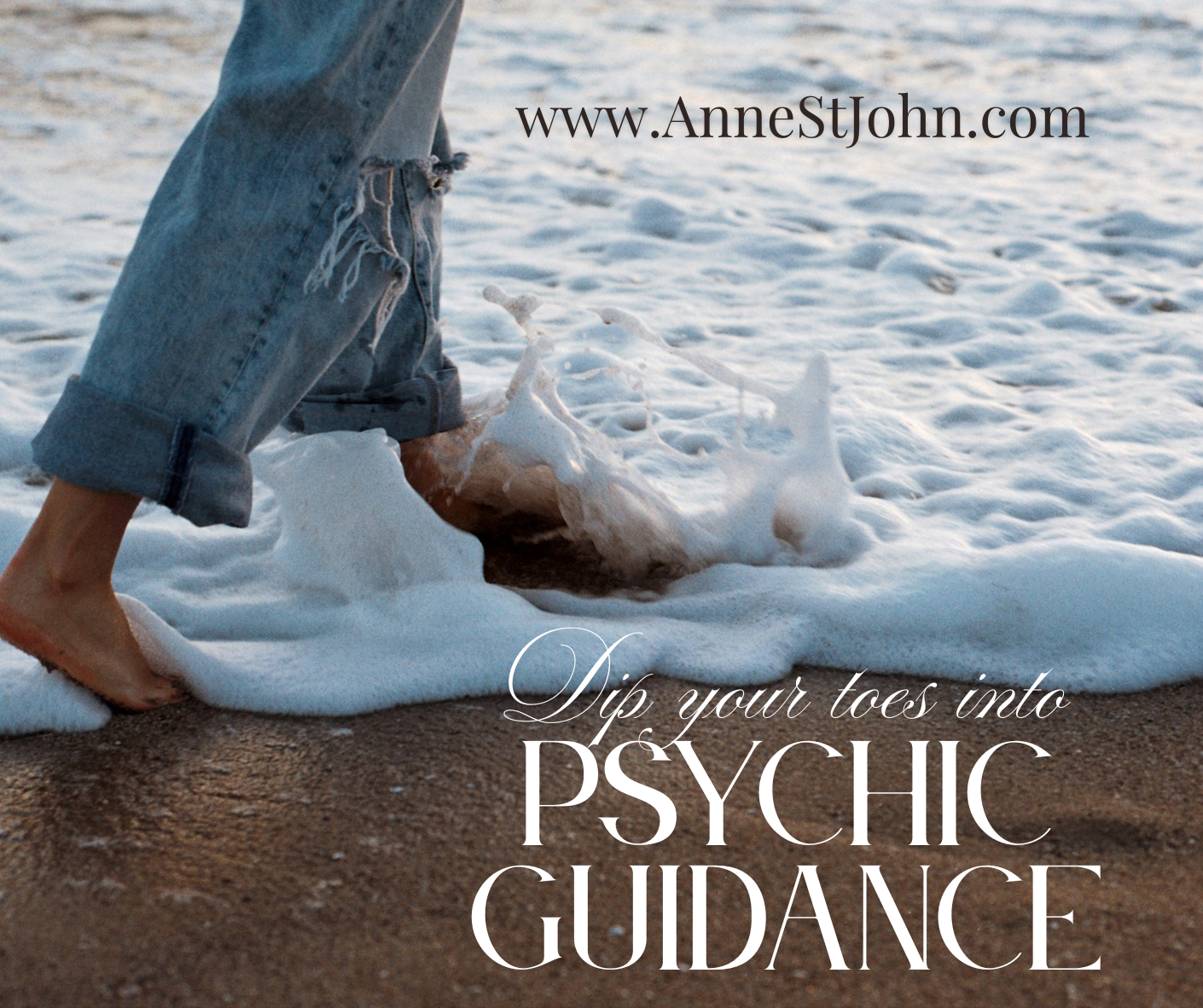 Person barefoot on the beach with waves washing over their feet, displaying ripped jeans, promoting psychic guidance.