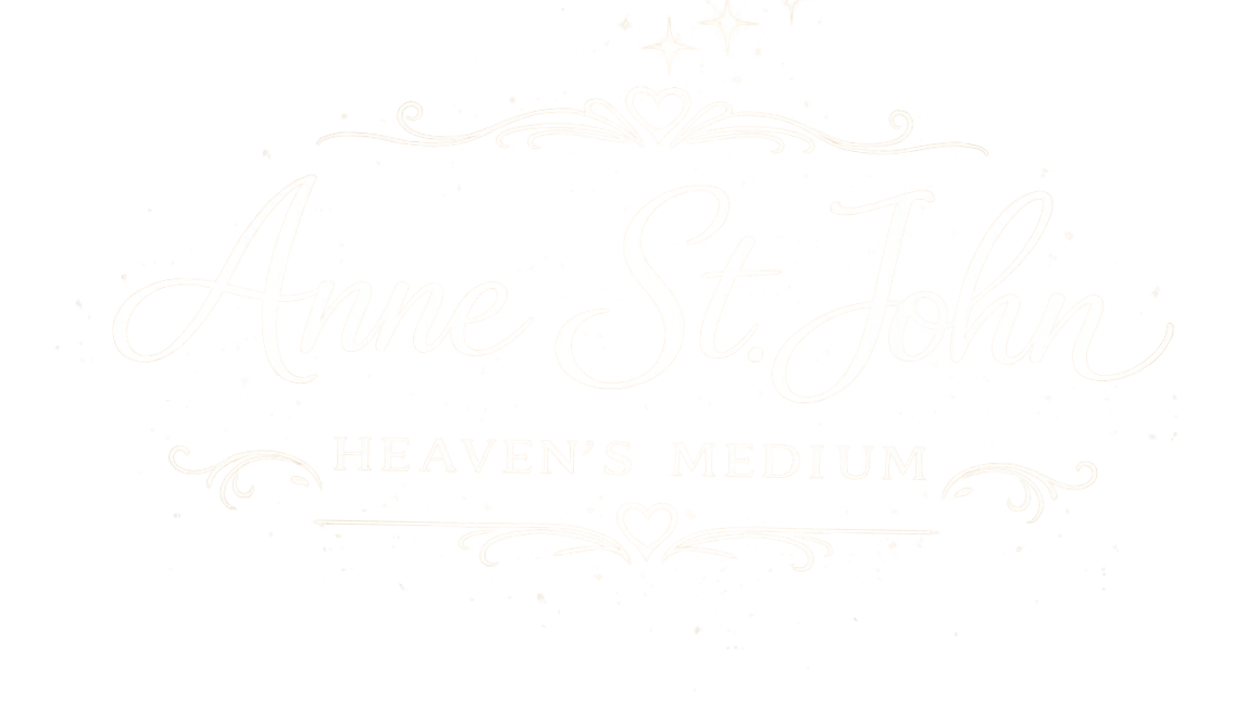 Stylized text reading 'Anne St. John, Heaven's Medium' with decorative hearts and stars on a black background.