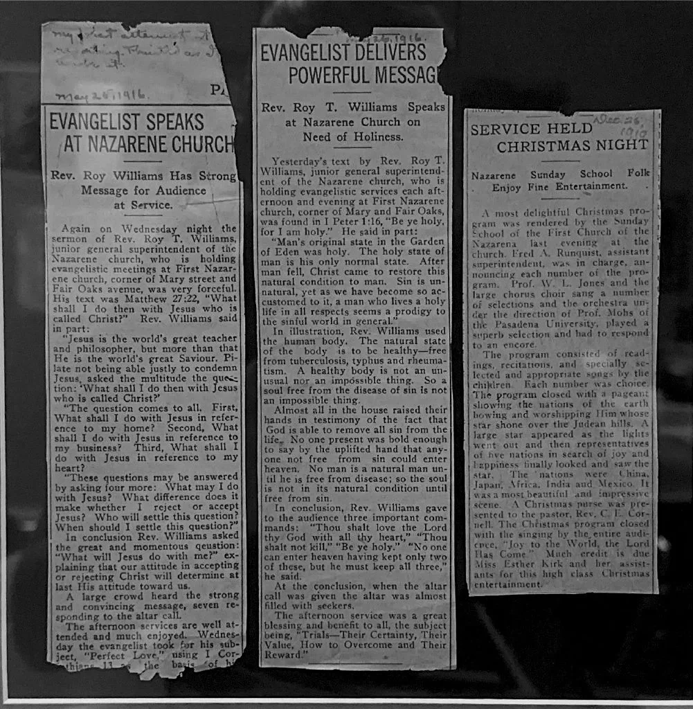 Collection of old torn newspaper clippings with headlines about church services and Christmas celebrations.