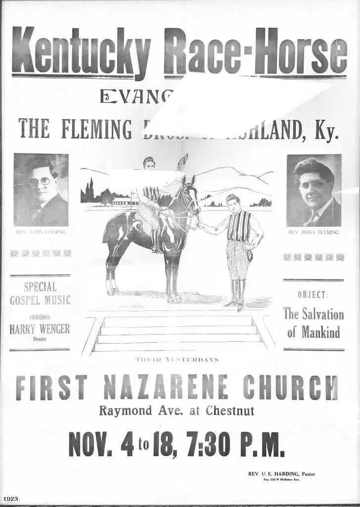 A historical poster for a Kentucky Race-Horse event at the First Nazarene Church in Kentucky, featuring Reverend John Fleming and Reverend Bona Fleming, with a central illustration of a man on a horse and a young boy holding the horse's bridle. The e