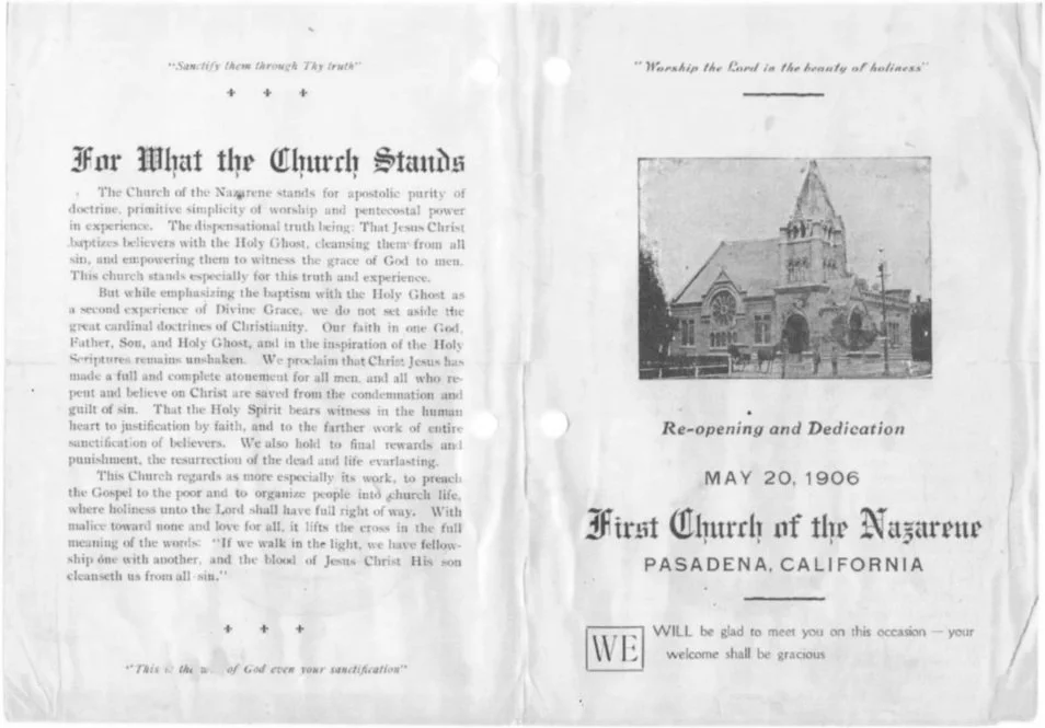 A church bulletin cover with the title 'For What the Church Stands' and a paragraph about the church's beliefs. It features a black and white photograph of the church building, and the event 'Re-opening and Dedication' on May 20, 1906, at the First C