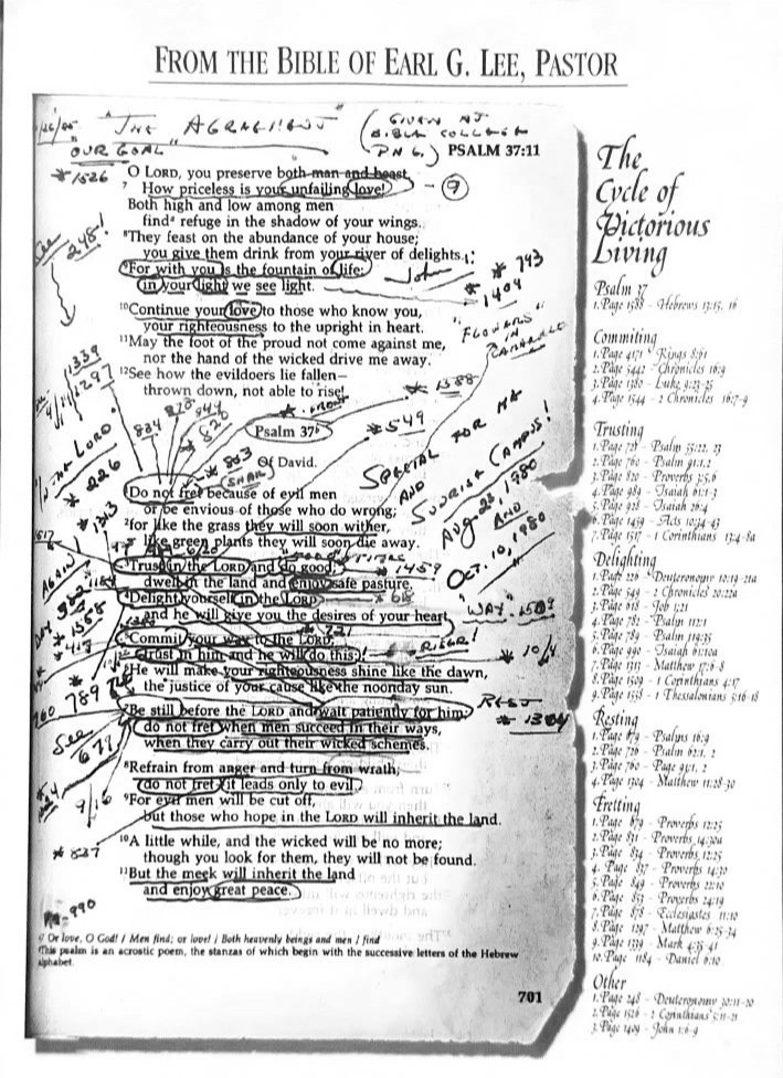 A scanned page from a religious book with handwritten notes and underlined text. The page contains the title 'From the Bible of Earl G. Lee, Pastor,' and includes a passage that is a poetic description of the cycle of victorious living, citing Psalm 