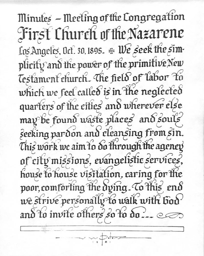 Historical handwritten document titled "Minutes - Meeting of the Congregation First Church of the Nazarene, Los Angeles, Oct. 30, 1895." The text discusses their mission to serve the community through city missions, evangelical services, house visits