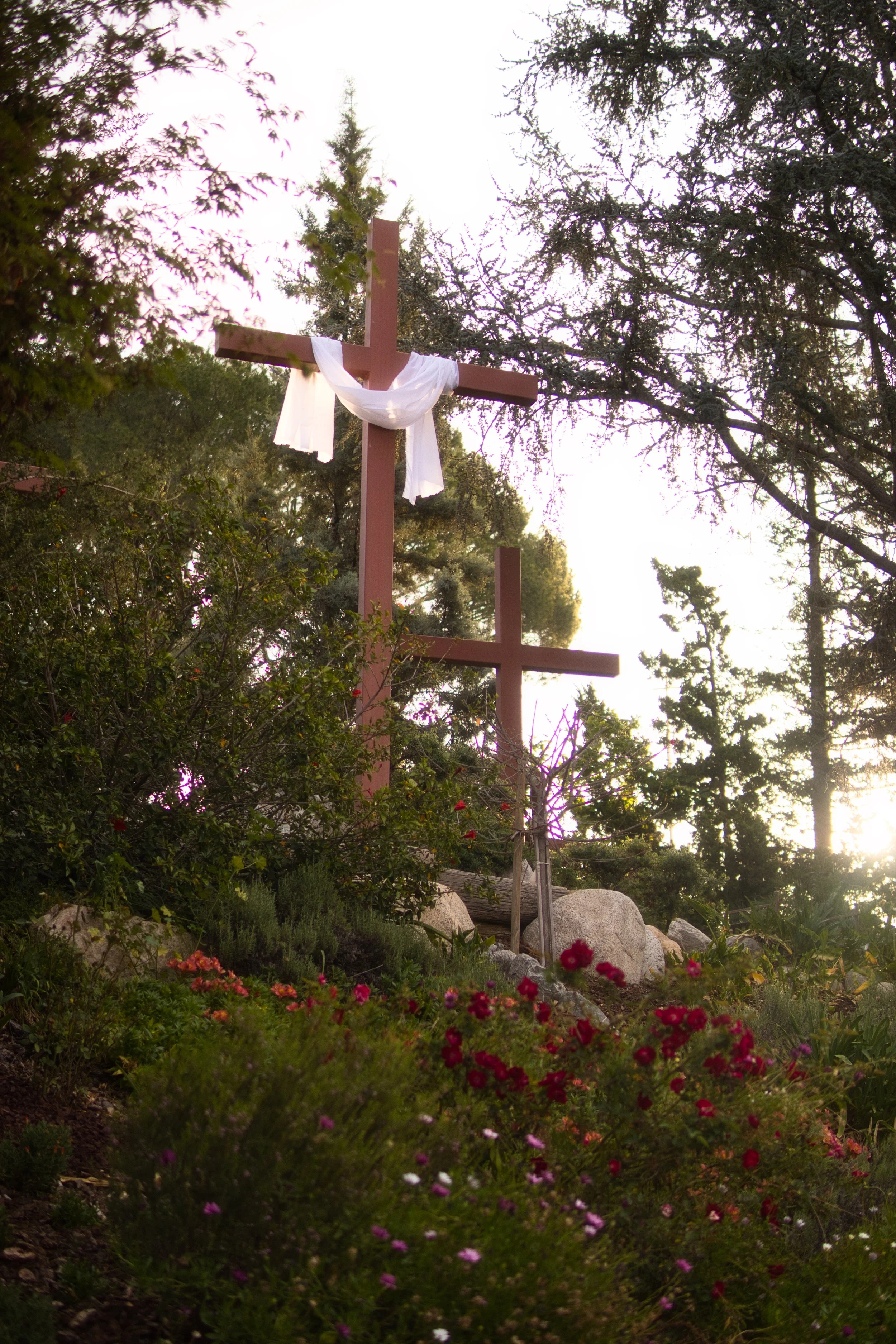 A wooden cross with white fabric draped around it is situated among lush green bushes and pink flowers in a garden with tall trees in the background and sunlight filtering through.