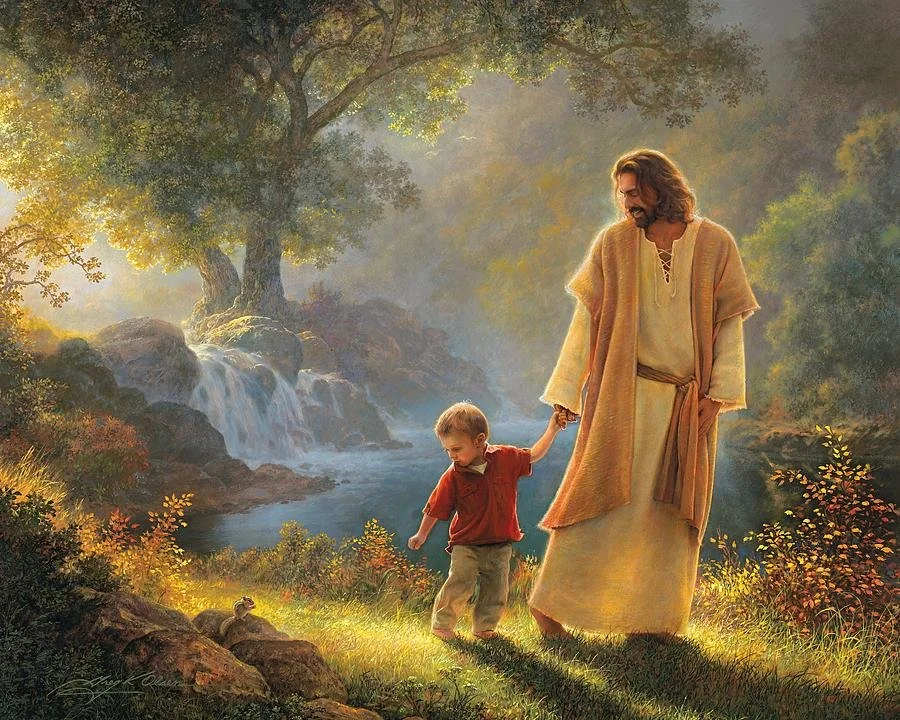 Jesus holding a child's hand and walking outdoors near a stream and waterfall, surrounded by trees and foliage.