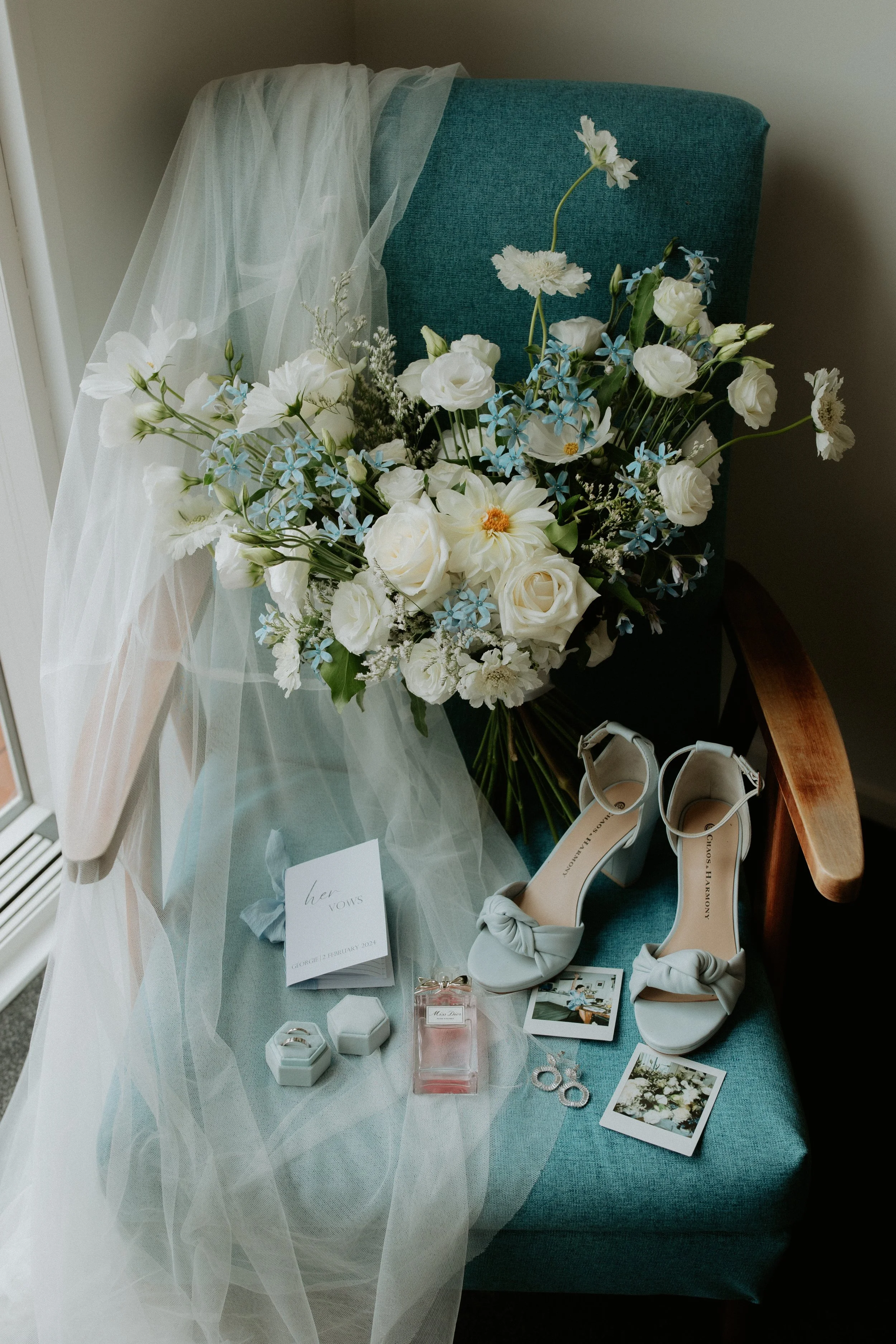 blue and white whimsical wedding bouquet