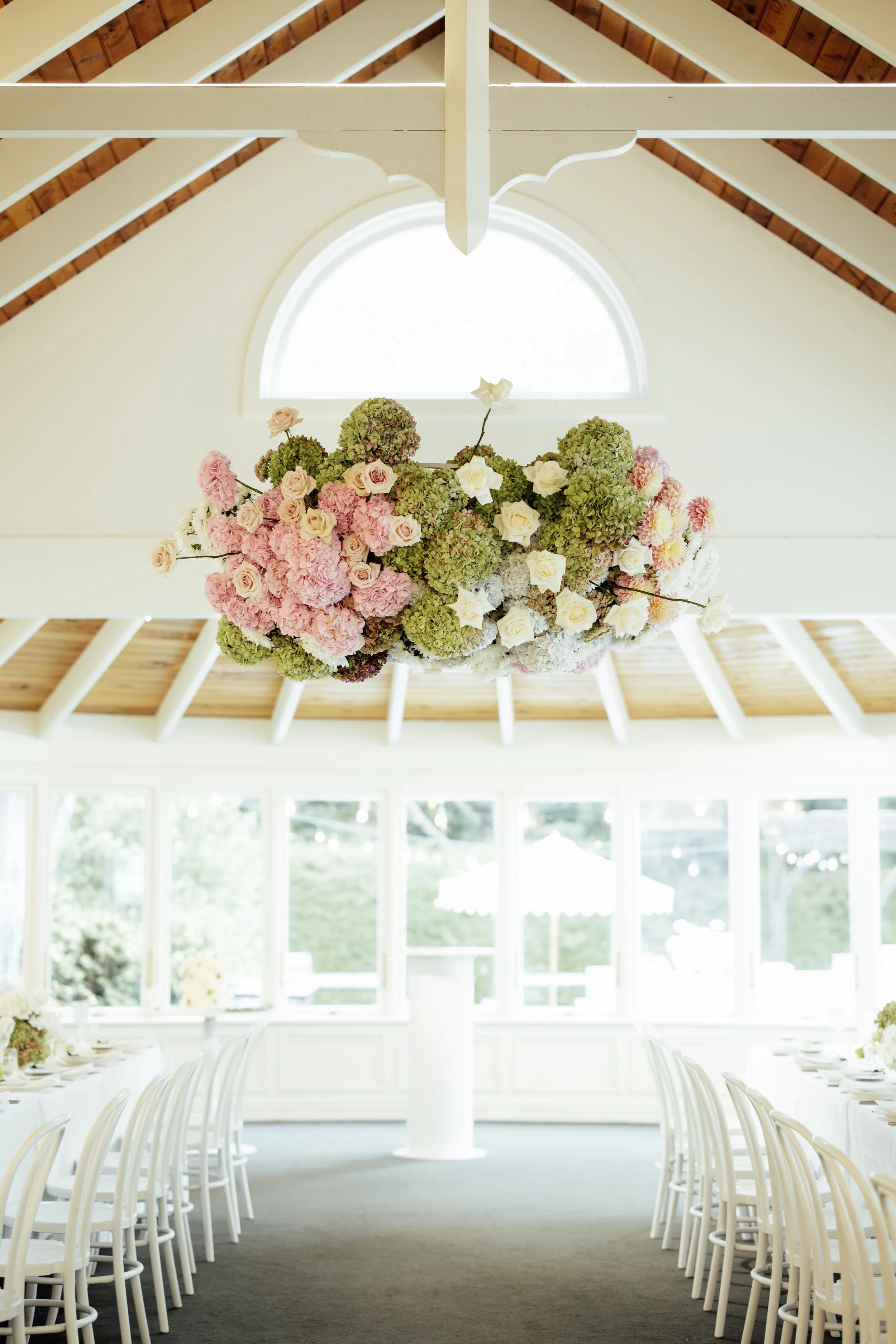 Floral hanging installation pink and green