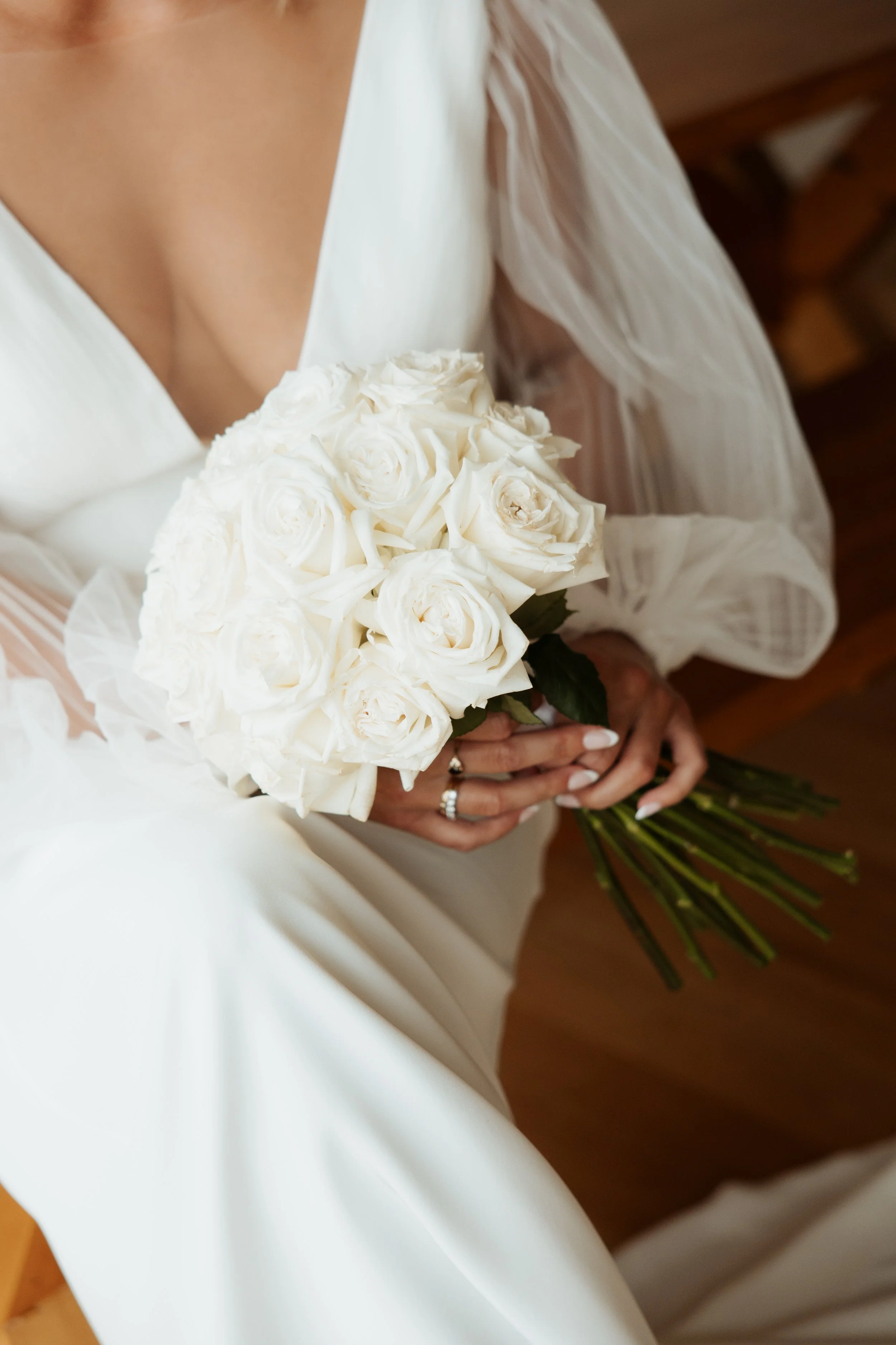 Classical round white rose wedding bouquet