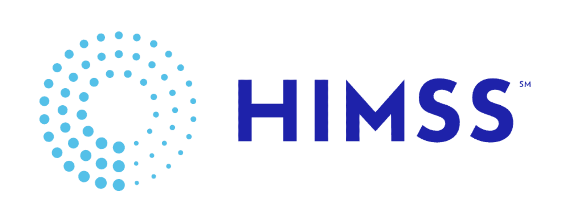 Logo van HIMSS, bestaande uit een groep blauwe stippen die een cirkel vormen, met de tekst 'HIMSS' rechts ervan in donkerblauw.