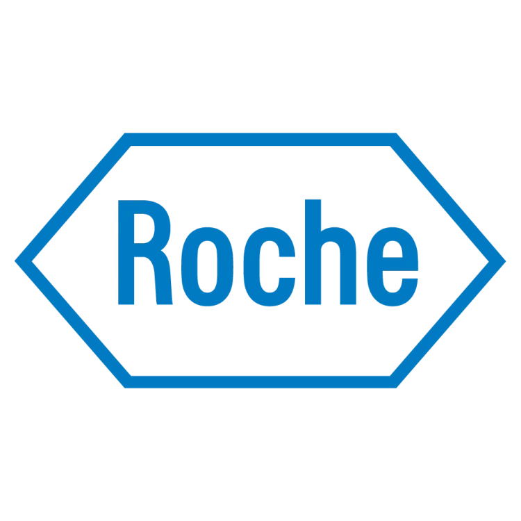 Een logo met de naam 'Roche' in blauwe letters binnen een blauwe ruitvormige omtrek.