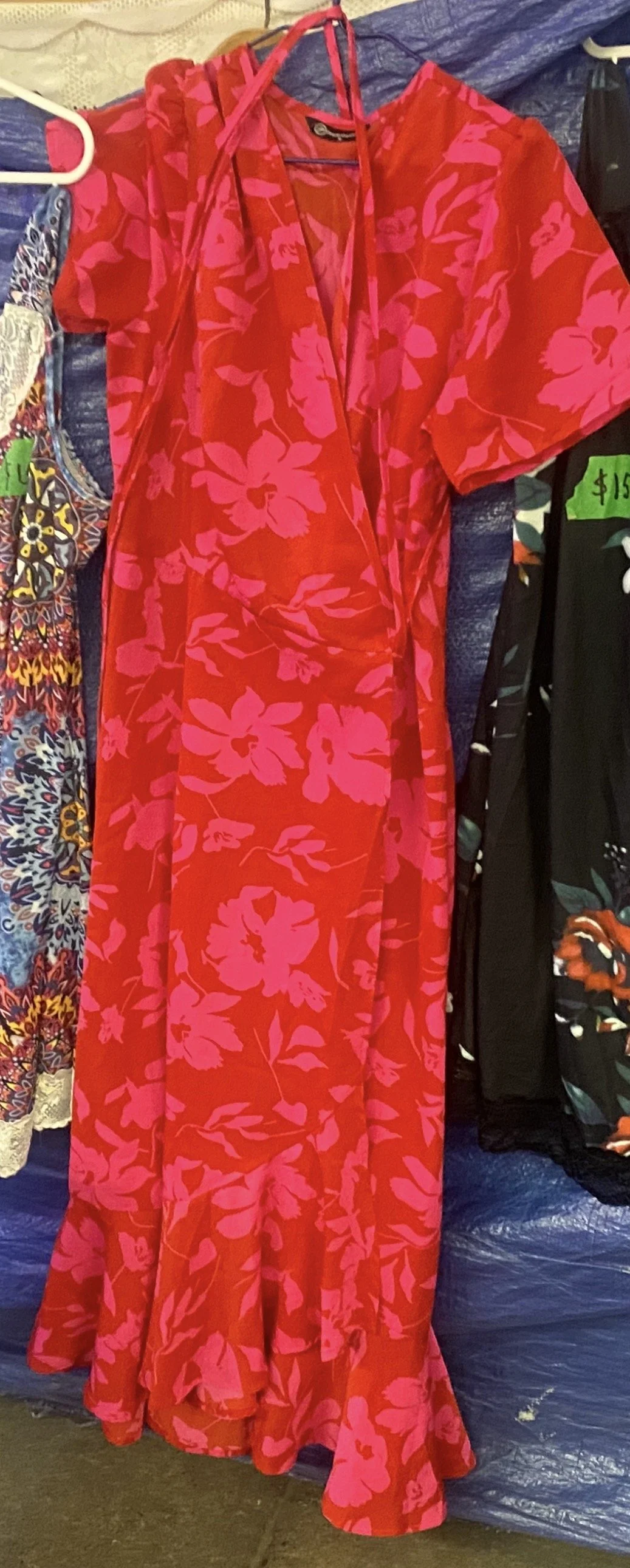 Vibrant Red Floral Wrap Dress