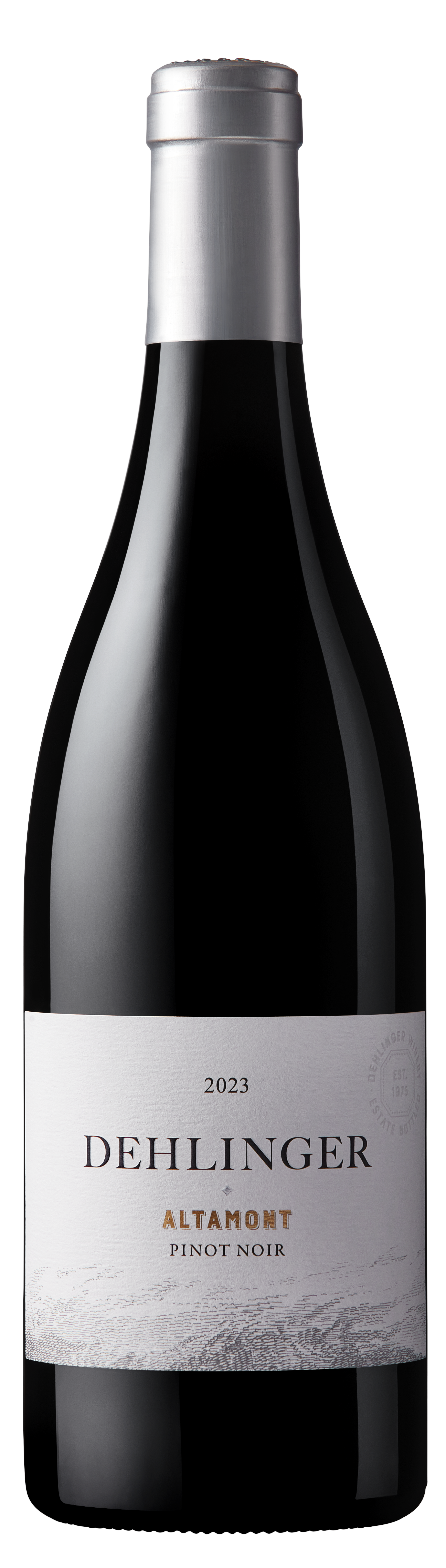 A bottle of Dehlinger Altamont Pinot Noir, 2023 vintage, with a black glass body, silver foil capsule, and a white label featuring black and gold text.