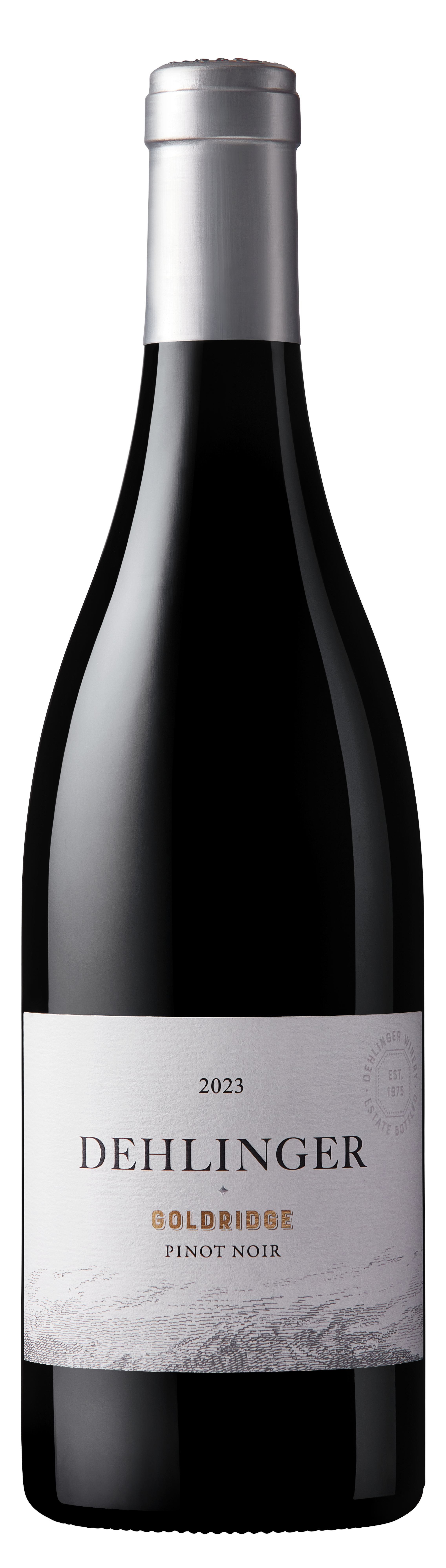 A black bottle of Dehlinger Goldridge Pinot Noir wine with a silver cap and white label.