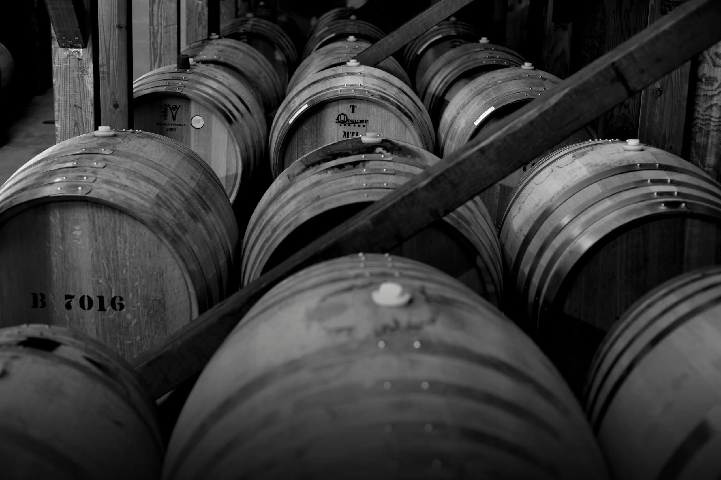 A row of wooden wine barrels stored in a cellar or winery, with some stamped markings visible on the barrels.