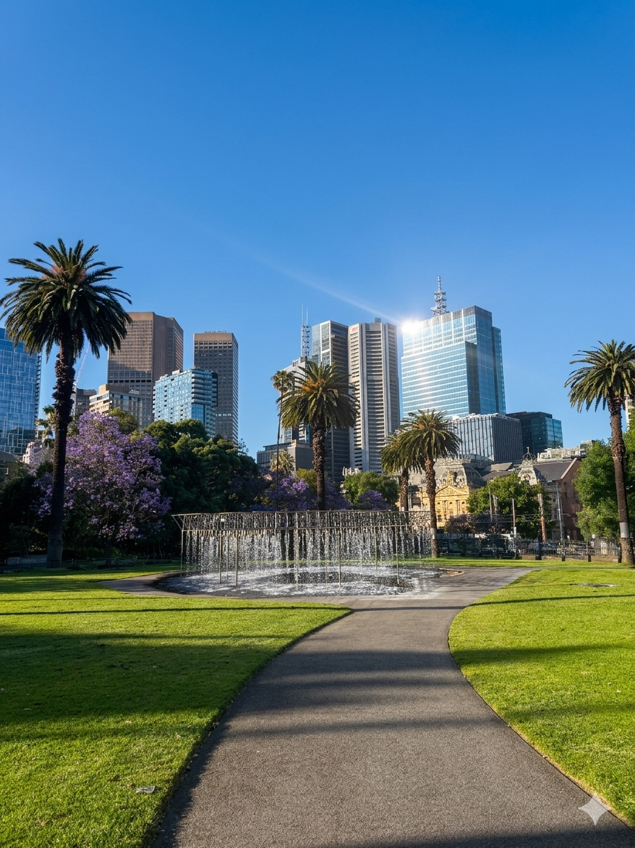 A city park with a curved pathway, green grass, palm trees, purple flowering trees, and a fountain against a backdrop of modern skyscrapers under a clear blue sky.