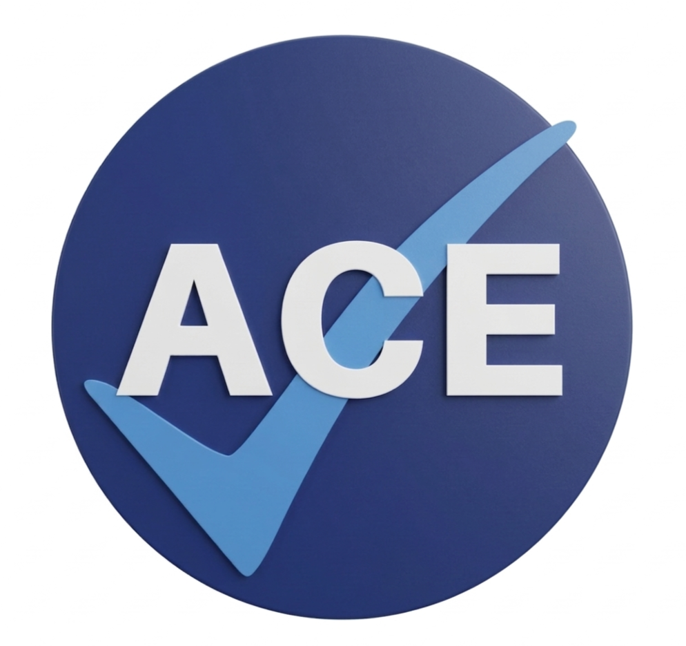 A circular logo with a dark blue background, featuring the word 'ACE' in large white letters and a prominent blue check mark behind the text.