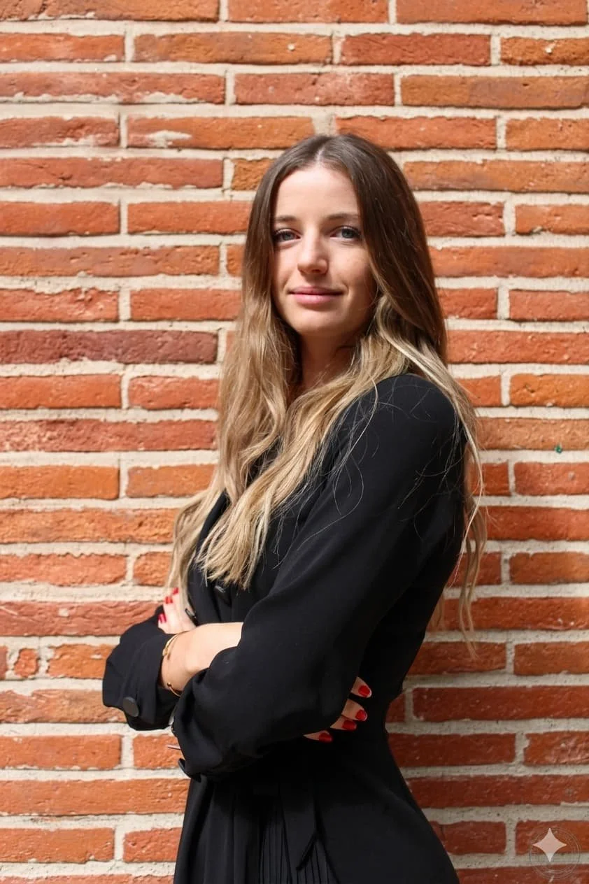 A young woman with long, wavy blonde hair standing in front of a red brick wall, wearing a black blazer with her arms crossed.