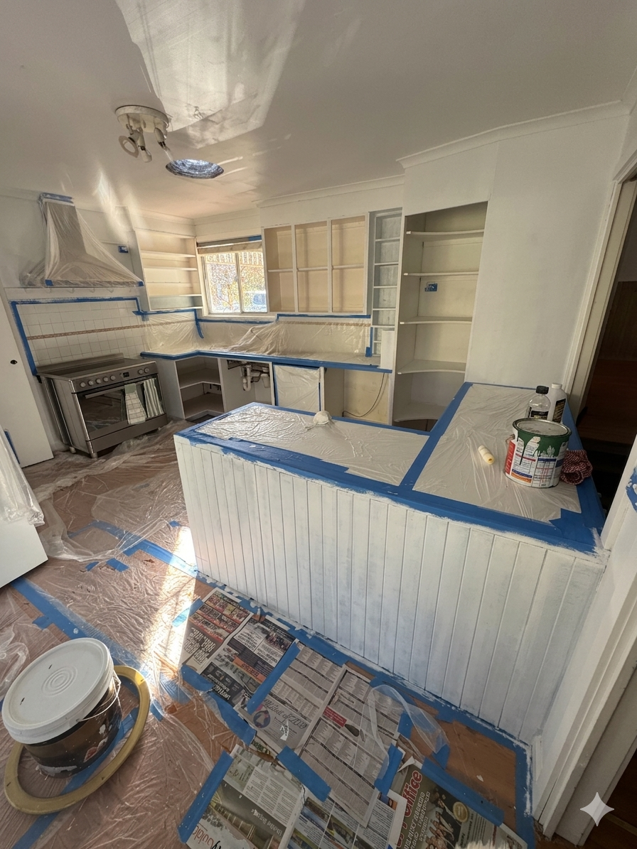 Kitchen under renovation with cabinets being painted, covered with plastic sheeting, paint cans, brushes, and newspapers on the floor.