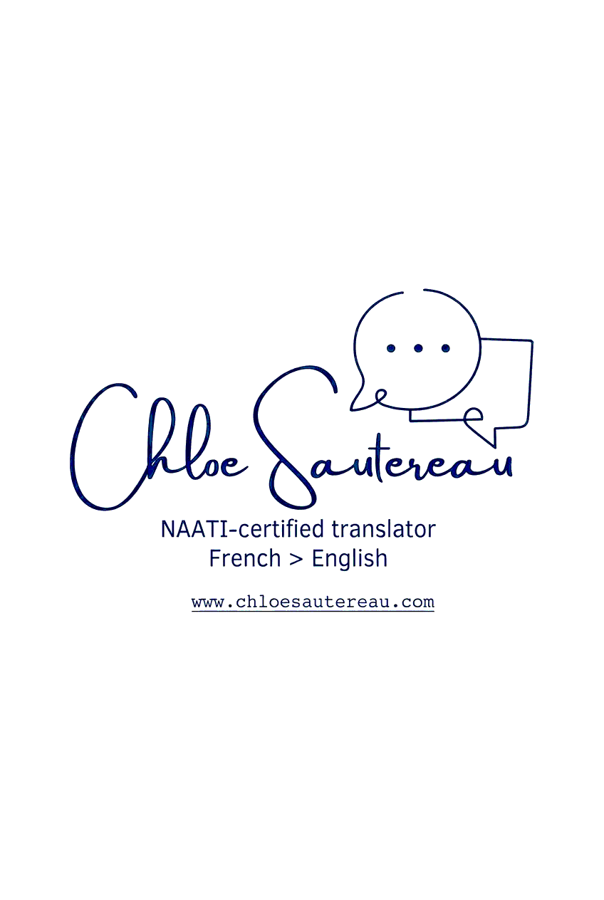 Website cover for Chloe Sautereau, a NAATI-certified French to English translator, featuring her name handwritten and a speech bubble with dots.
