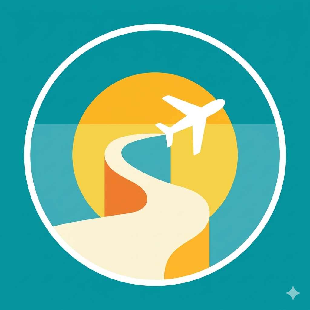 Graphic of an airplane flying along a curved path in front of a sunset or sunrise with a stylized sun and colorful background