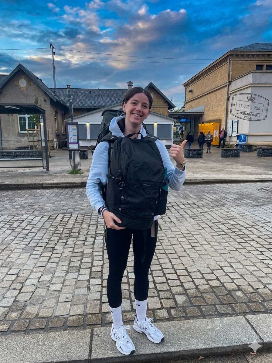 A young woman standing on a cobblestone street, wearing athletic clothing including white sneakers, black leggings, and a light blue hoodie. She has short dark hair, is smiling, and giving a thumbs-up. She is carrying a black backpack and has a large backpack on her back. In the background, there are buildings, signs, and a few other people, with a partly cloudy sky overhead.