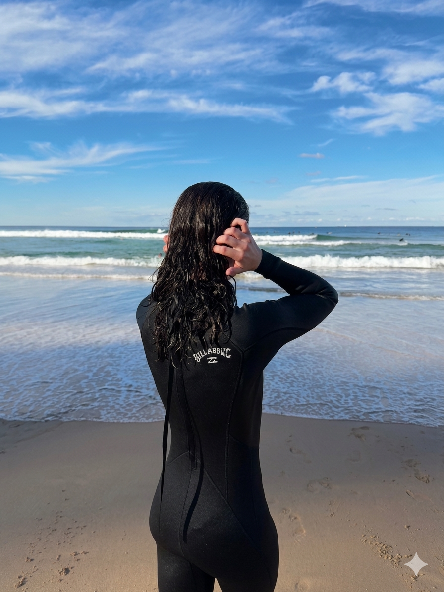 A woman in a black wetsuit standing on a sandy beach, facing the ocean, with waves and blue sky in the background.