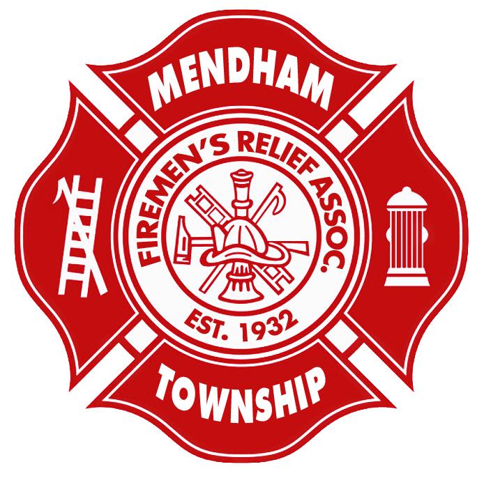 Emblem of the Mendham Fire Department's Relief Association, established in 1932, featuring firefighting tools, a fire hydrant, and a flag.