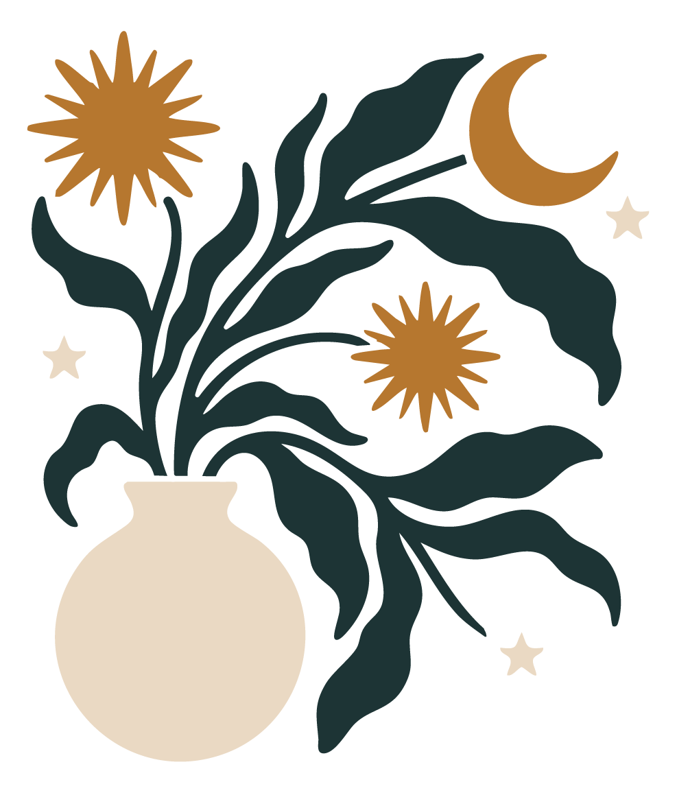 Illustration of a beige vase with dark green leaves and yellow flowers, surrounded by white stars, a crescent moon, and a sun, set against a black background.